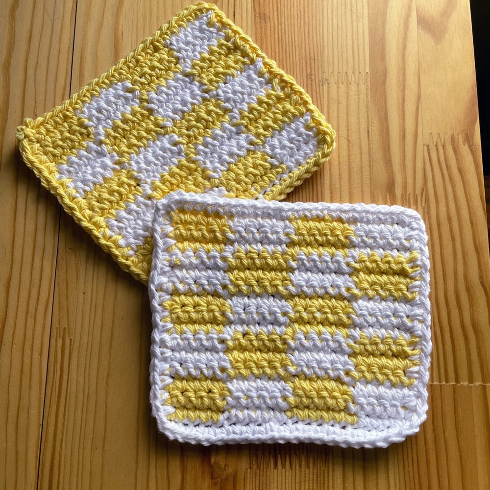 Yellow and White Checkered Crochet Coasters
